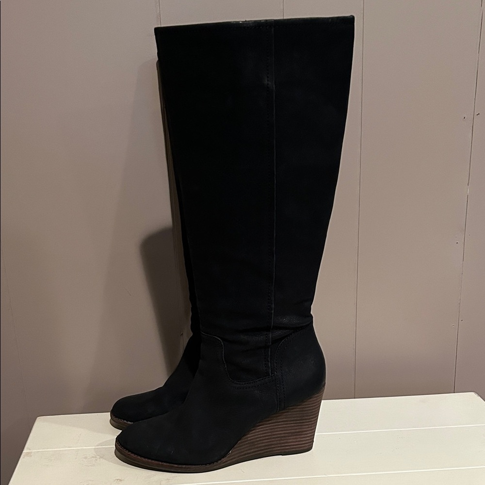 Black real leather Wedge Knee-High Boots